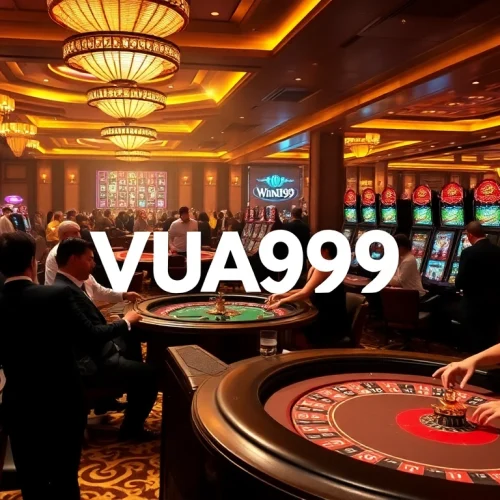 VUA99 casino ambiance with players enjoying roulette and poker games in an upscale setting.