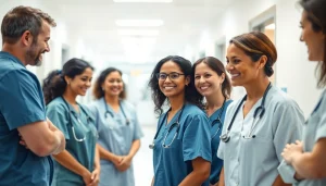 Engaging healthcare team at https://tweestedenziekenhuis.nl interacting warmly with patients in a hospital.