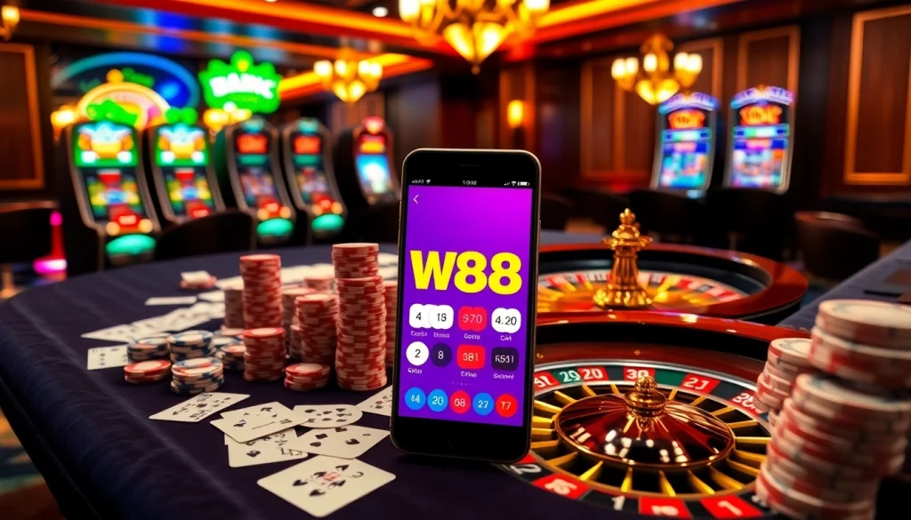 Experience the thrill of online gaming at W88 with vibrant casino elements.