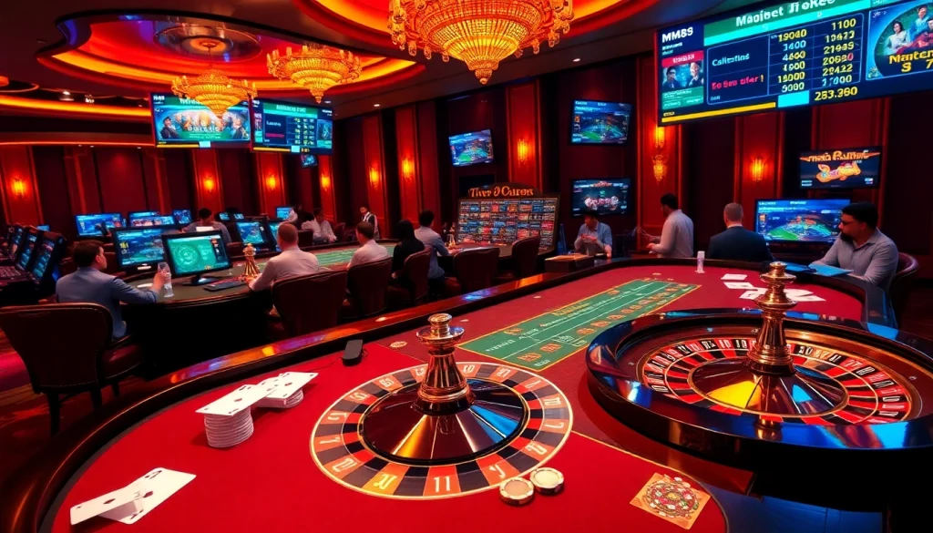 Players enjoying thrilling games at Nhà cái MM88 with vibrant casino elements and live betting excitement.