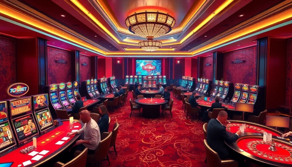 Exciting casino scene capturing players at tables with 789BET link mới elements in focus.