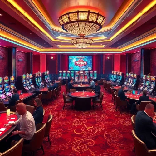 Exciting casino scene capturing players at tables with 789BET link mới elements in focus.