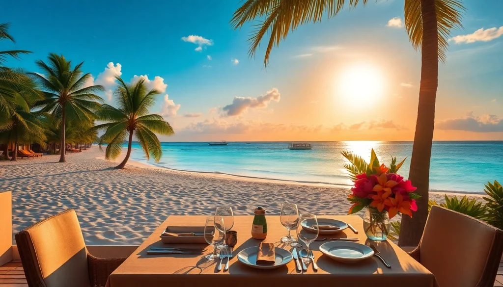 Luxury travel destinations: a stunning sunset beach dinner setting with turquoise waters and palm trees.