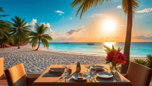 Luxury travel destinations: a stunning sunset beach dinner setting with turquoise waters and palm trees.