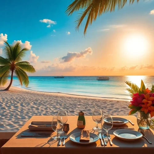 Luxury travel destinations: a stunning sunset beach dinner setting with turquoise waters and palm trees.