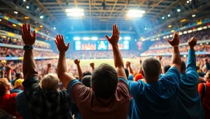 Situs parlay untuk kemenangan taruhan olahraga dengan penonton bersemangat yang merayakan.