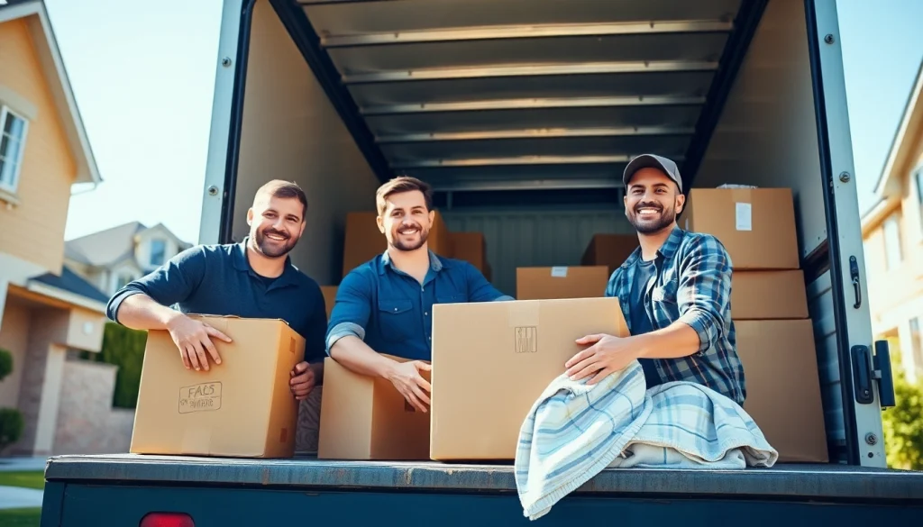 Movers professionally packing items into a moving truck with a friendly atmosphere.