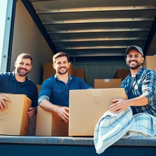 Movers professionally packing items into a moving truck with a friendly atmosphere.