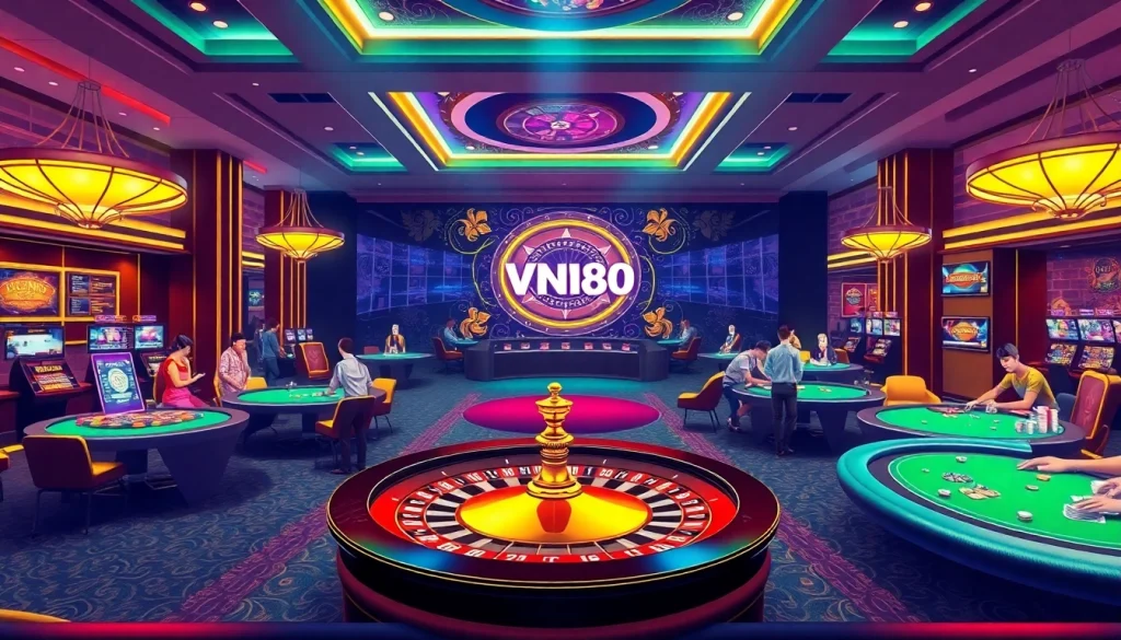 Experience the excitement of VN88 through dynamic casino gaming visuals featuring roulette and poker tables.