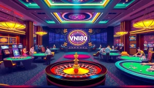 Experience the excitement of VN88 through dynamic casino gaming visuals featuring roulette and poker tables.