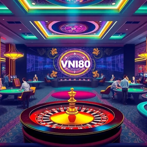 Experience the excitement of VN88 through dynamic casino gaming visuals featuring roulette and poker tables.