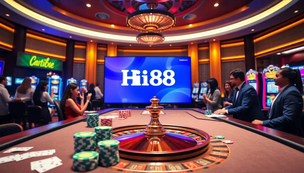 Experience the thrills of Hi88 with an engaging casino scene featuring poker chips and a roulette wheel.