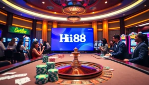 Experience the thrills of Hi88 with an engaging casino scene featuring poker chips and a roulette wheel.