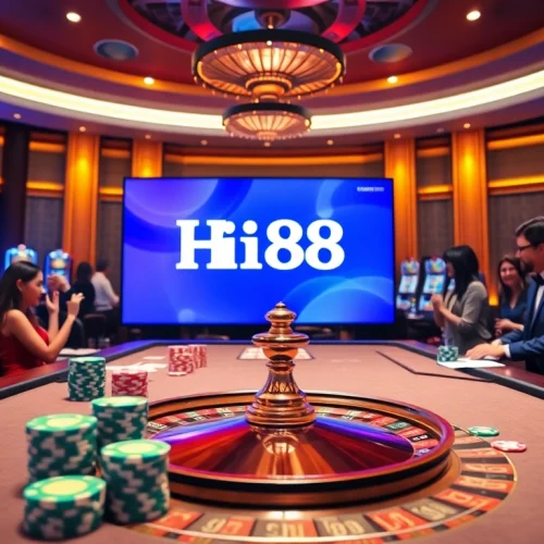 Experience the thrills of Hi88 with an engaging casino scene featuring poker chips and a roulette wheel.