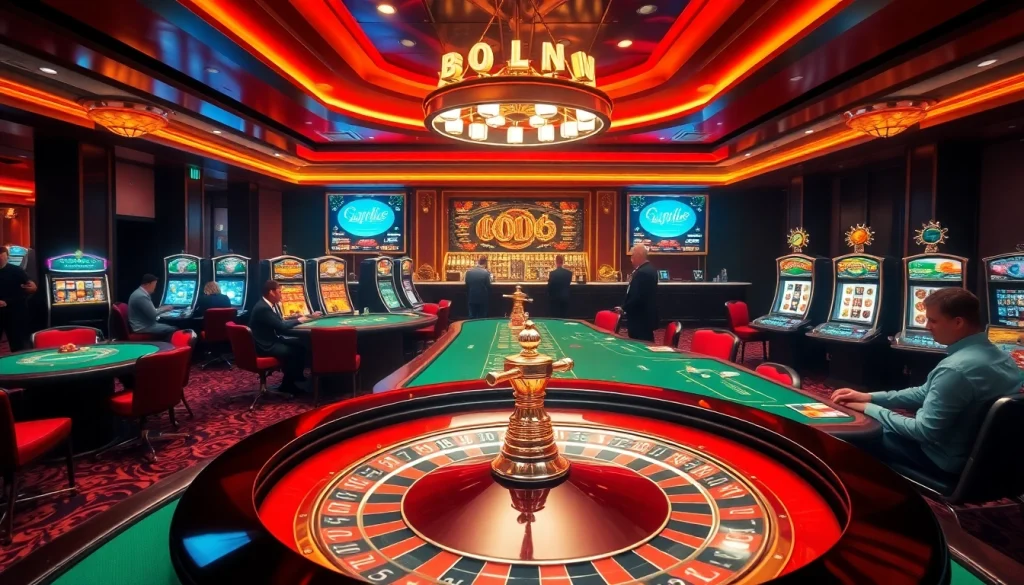 Players enjoying high-stakes gaming at jun88.study with vibrant roulette tables and luxurious casino ambiance.
