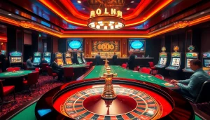 Players enjoying high-stakes gaming at jun88.study with vibrant roulette tables and luxurious casino ambiance.