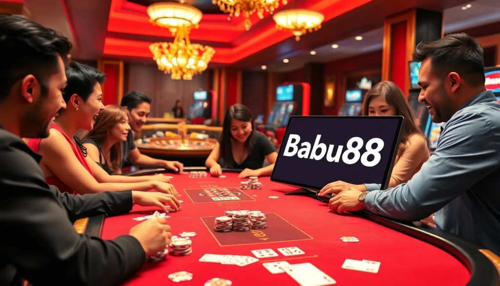 Babu88 players celebrate a big win at a luxurious casino table with chips and cards.
