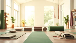 Shop high-quality products at a vibrant Yoga Shop showcasing yoga mats and accessories.