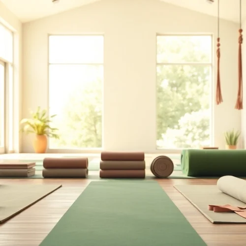 Shop high-quality products at a vibrant Yoga Shop showcasing yoga mats and accessories.