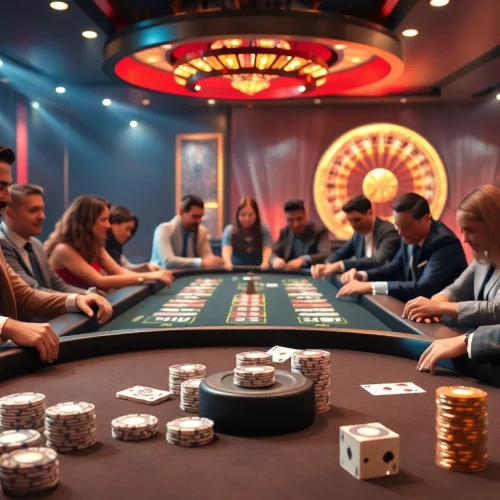 Players enjoying poker at vuabai9 casino table with vibrant chips and cards