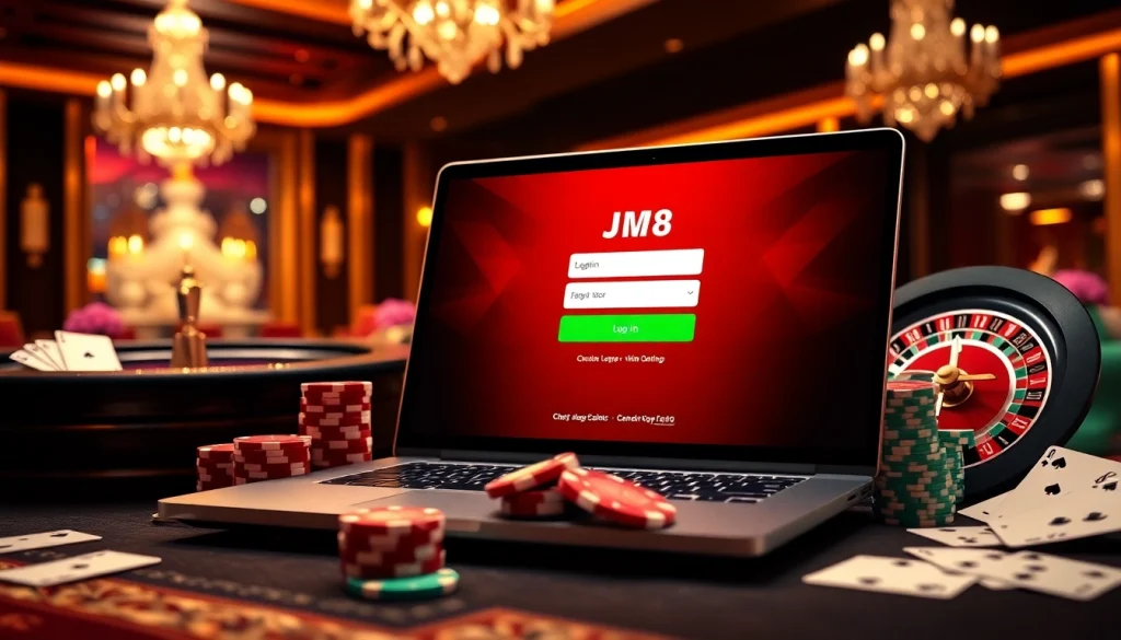 jw8 login interface with poker chips and cards set in a luxurious casino backdrop