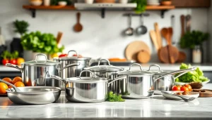 Showcasing premium cookware set arranged in an inviting kitchen atmosphere.