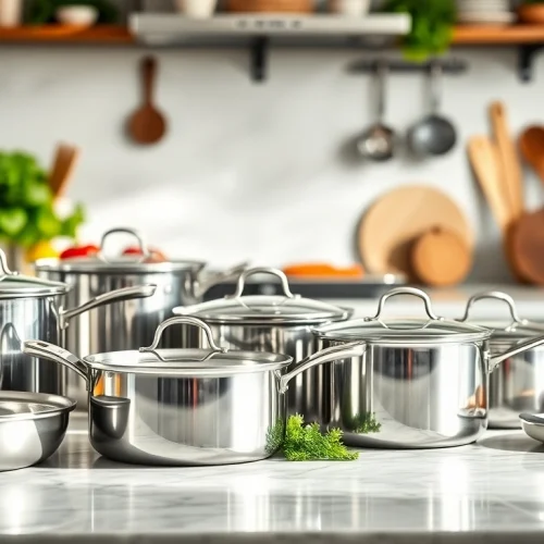 Showcasing premium cookware set arranged in an inviting kitchen atmosphere.