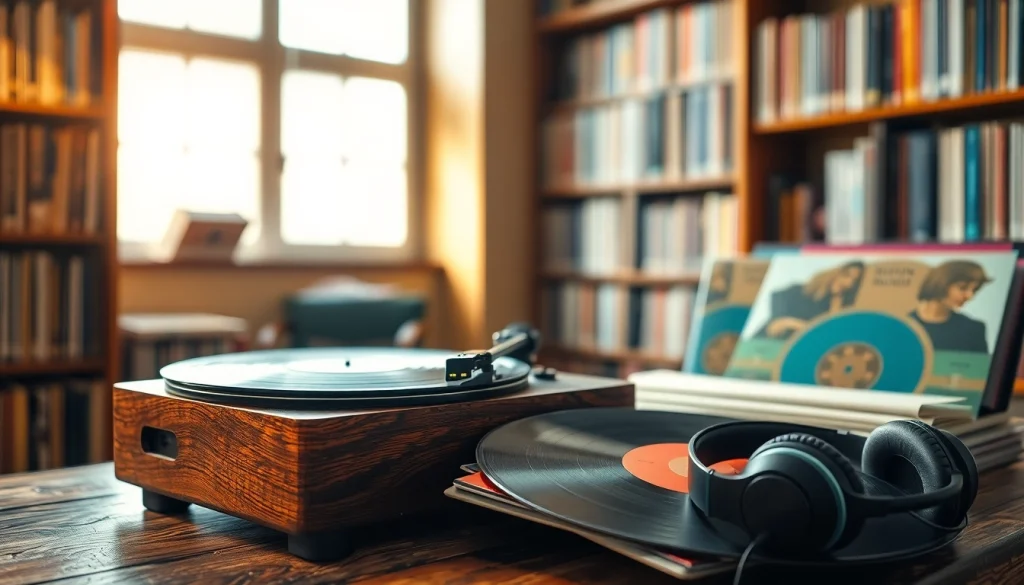 Enjoying gramaphone records on a vintage player with warm, inviting atmosphere.