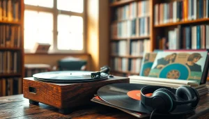 Enjoying gramaphone records on a vintage player with warm, inviting atmosphere.