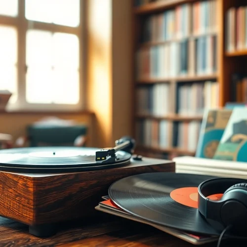 Enjoying gramaphone records on a vintage player with warm, inviting atmosphere.