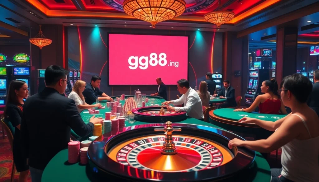 Players engaging in thrilling games at https://gg88.ing/, featuring vibrant casino tables and professional dealers.