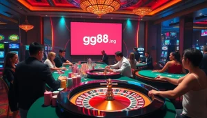 Players engaging in thrilling games at https://gg88.ing/, featuring vibrant casino tables and professional dealers.
