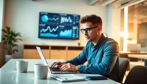 Analyze growth strategies at https://boost-social-media.com with a digital marketer in an office.