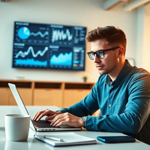 Analyze growth strategies at https://boost-social-media.com with a digital marketer in an office.