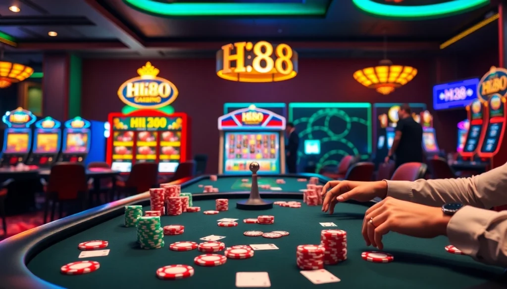 Experience thrilling gameplay at Hi88 with players enjoying poker and vibrant slot machines.