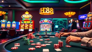 Experience thrilling gameplay at Hi88 with players enjoying poker and vibrant slot machines.