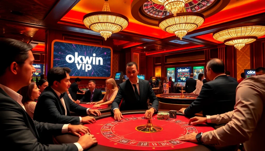 Players enjoying high-stakes poker at OKWIN VIP casino, showcasing luxury and excitement.