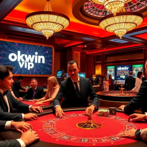 Players enjoying high-stakes poker at OKWIN VIP casino, showcasing luxury and excitement.