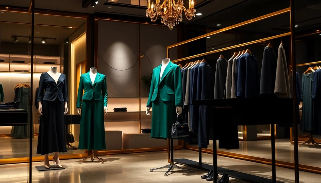 Luxury apparel brand boutique showcasing elegant garments and accessories in an upscale setting.