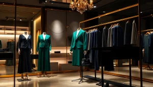 Luxury apparel brand boutique showcasing elegant garments and accessories in an upscale setting.