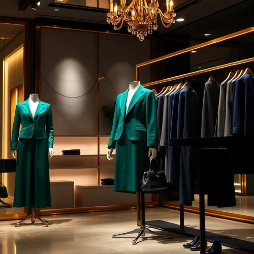 Luxury apparel brand boutique showcasing elegant garments and accessories in an upscale setting.