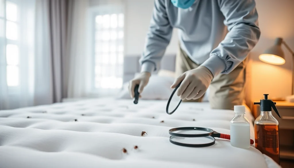 Inspecting for bed bugs at https://affordablebedbugexterminators.com with a professional exterminator equipped.