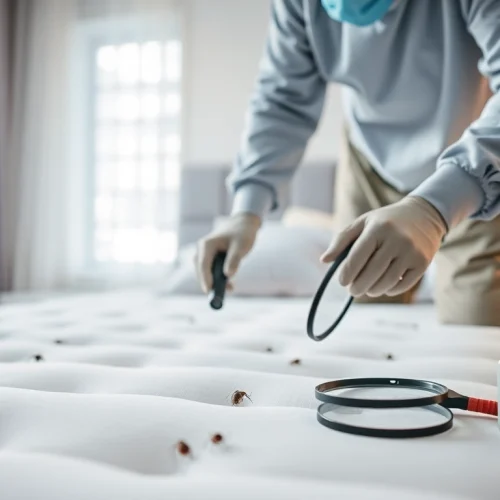 Inspecting for bed bugs at https://affordablebedbugexterminators.com with a professional exterminator equipped.