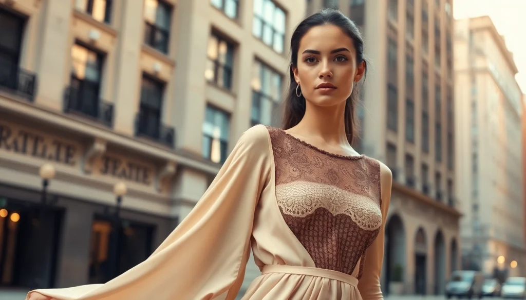 Rivelle fashion model showcasing elegance in an urban backdrop.