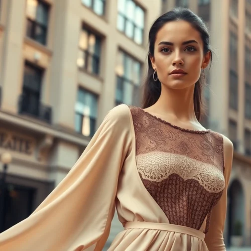 Rivelle fashion model showcasing elegance in an urban backdrop.