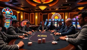 Players competing at the King88 poker table in an exhilarating casino environment, showcasing gaming excitement.