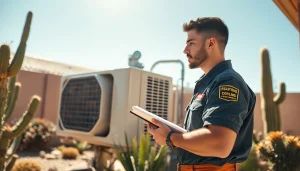 Technician performs AC repair in Phoenix AZ, ensuring quality service in a sunny desert backyard.