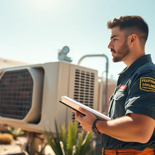 Technician performs AC repair in Phoenix AZ, ensuring quality service in a sunny desert backyard.