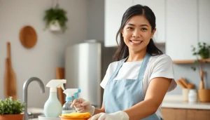 Indonesian maid diligently assisting with household chores in a modern kitchen setting.