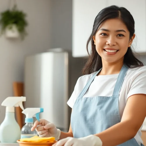 Indonesian maid diligently assisting with household chores in a modern kitchen setting.